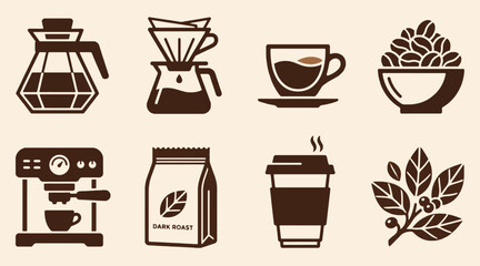 Obraz premium Coffee Brewing Equipment Icon Set with Espresso Machine