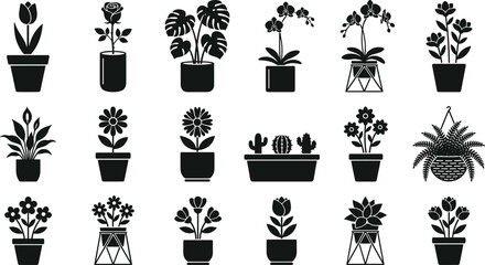 Naklejka premium Potted Houseplants and Decorative Flowers Silhouette Icon Set Featuring Rose, Tulip, Monstera, Orchid, Cactus, and Fern Vectors for Interior Design Graphics