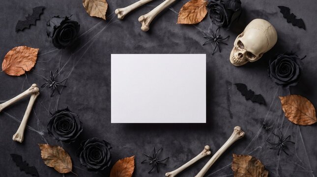 A blank white rectangular frame surrounded by human bones and a skull on a dark textured halloween background surface