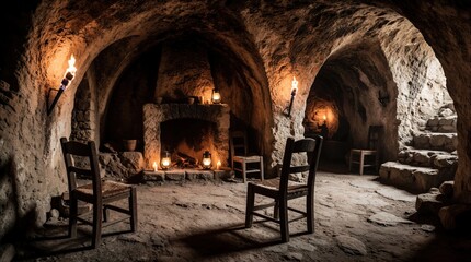 Fototapeta premium Ancient cave room with stone walls, arched ceiling. Warm candlelight, torches illuminate interior space. Empty wooden chairs sit near stone fireplace with burning wood. Historical underground