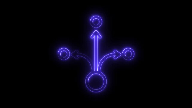Neon arrows diverging choices path decisions direction alternatives on black background