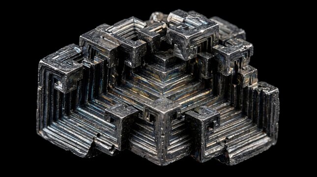 Macro shot of a metallic bismuth hopper crystal with geometric stair-step structure isolated on black background