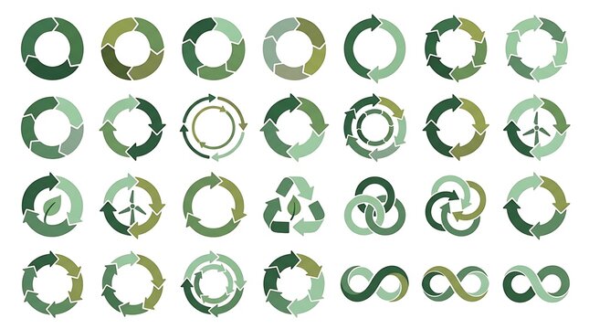 Eco-friendly circular arrow and sustainability icon collection in shades of green with sustainability circular environment conservation renewable recycling protection infinity collection