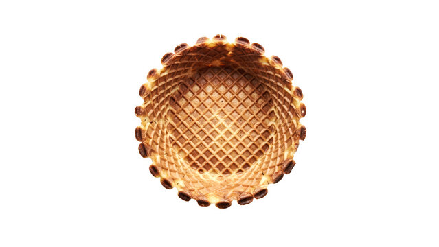 Crispy golden brown waffle bowl for delicious ice cream desserts featuring a textured grid pattern captured from a top view perspective isolated on transparent background