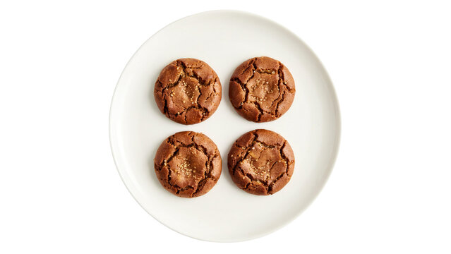 Four round ginger molasses cookies with crunchy sugar crystals arranged neatly on a clean white circular ceramic plate isolated for commercial food photography on transparent background