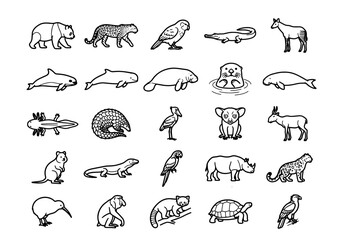 Naklejka premium A collection of diverse animal illustrations in a clean, monochromatic style, showcasing a variety of species for educational or design purposes.