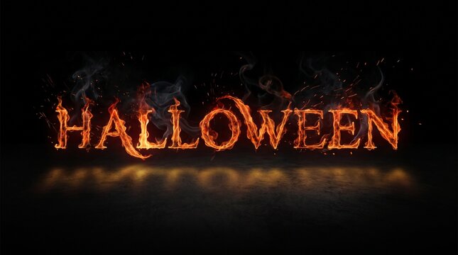 A fiery halloween text design featuring glowing orange flames and smoke isolated on a solid dark black background surface