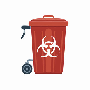 A red biohazard waste container with a white warning symbol stands against a white.