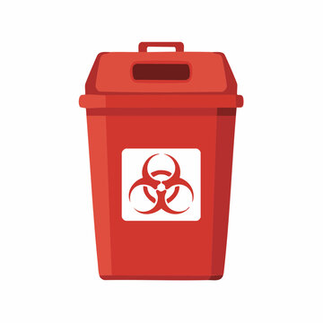 A red biohazard waste container is depicted in a flat vector illustration style.