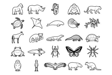 Fototapeta premium A collection of black and white illustrations depicting various animal species, showcasing a diverse range of wildlife from primates and large mammals to reptiles, amphibians, and insects.
