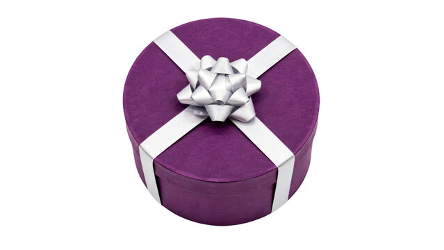 Elegant round purple gift box with a shiny silver ribbon bow featuring a top view angle captured for special celebrations and holidays on transparent background