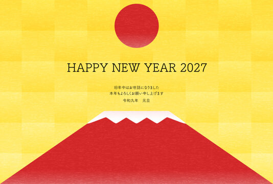 2027年未年の年賀状、赤富士と初日の出