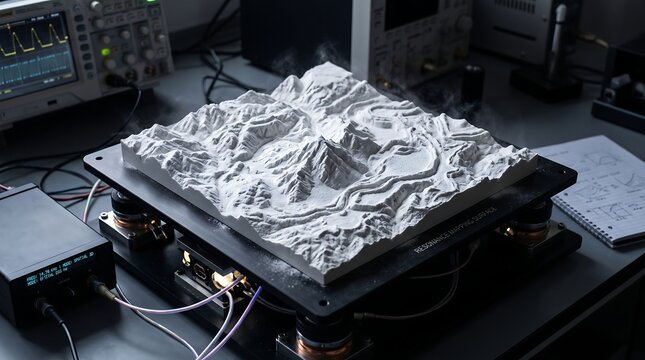 Topographical mountain model on a seismic vibration table in a laboratory for earthquake and landslide simulation research