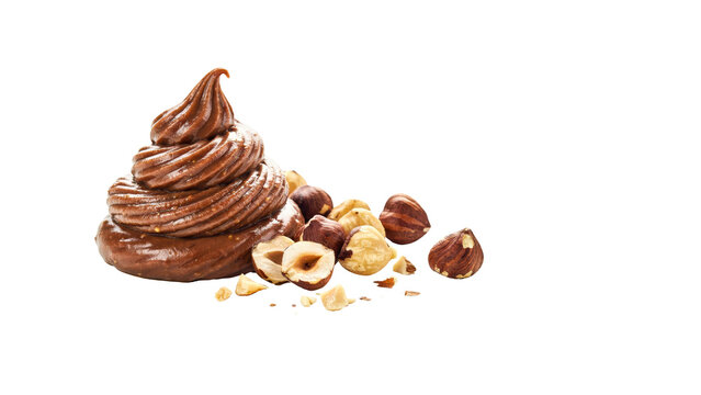 Delicious swirl of smooth creamy chocolate hazelnut spread with scattered whole and chopped roasted nuts captured in professional studio lighting isolated on transparent background