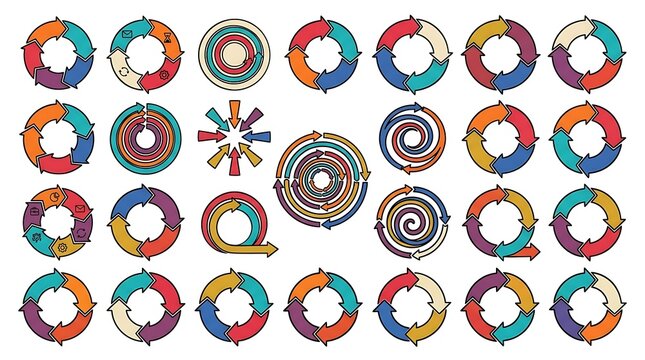 Large collection of colorful circular workflow diagrams and cycle infographics with infographic business flowchart marketing presentation template strategy planning management corporate