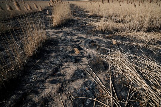 Burned reed field with scorched earth reveals climate change impact. Dry grass and dark soil show aftermath of drought and heatwave. Ecological disaster area.