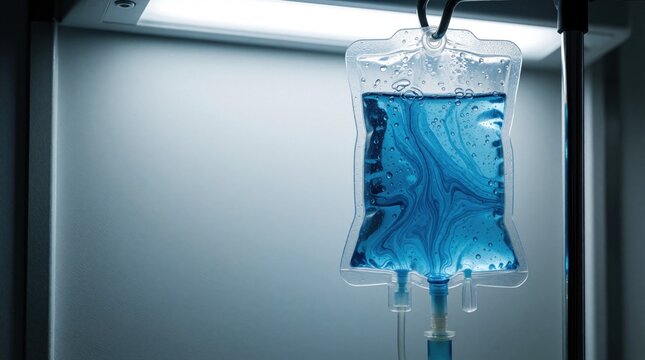 Blue saline IV fluid bag hangs on metal stand in hospital room. Intravenous drip bag with liquid contains blue medicine for patient treatment. Clinical medical equipment used in emergency care