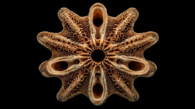 Microscopic radial diatom structure displaying intricate symmetrical natural geometric pattern