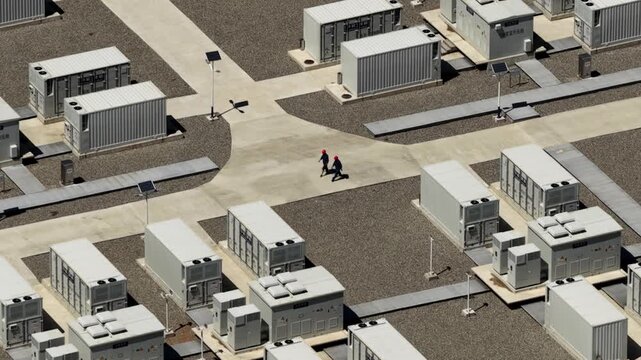 Aerial View of Utility-Scale Battery Energy Storage System and Substation in Arid Northwest China Desert