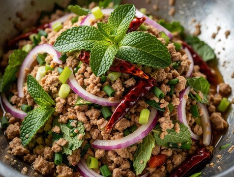 Spicy Thai larb moo minced pork salad with fresh mint, red onion, spring onion, and dried chilies served in bowl. Savory minced meat dish with herbs.