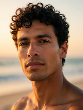Young man with curly hair on sandy beach at sunset. Peaceful face, warm golden light reflects on skin. Ocean waves in background, calm serene mood.