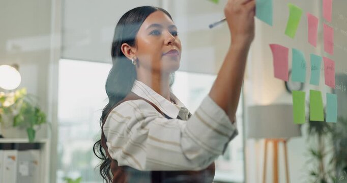 Woman, business and thinking with sticky note for schedule planning, ideas or agenda in office. Thoughts, female person or planner with reminder on glass window for brainstorming tasks in workplace