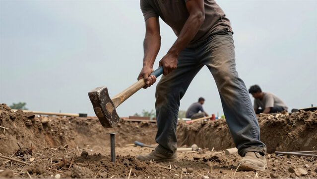 A construction worker hitting a metal stake with a sledgehammer on a site. Manual labor outdoors under the sun