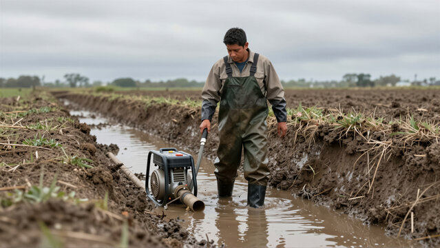 A male farmer operating a water pump in a muddy field. Professional agricultural worker maintaining drainage in a rural landscape