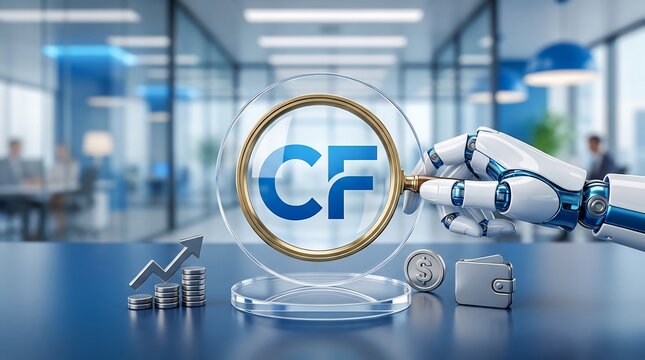 Robotic hand holding magnifying glass over holographic CF cash flow with finance icons