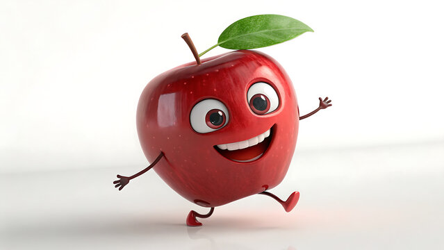 Cute cartoon red apple character with a happy face and arms walking on white background