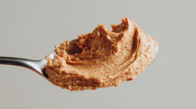 Close up view of natural creamy peanut butter on metal spoon