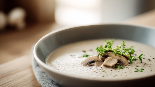 Warm homemade mushroom cream soup served on wooden table background