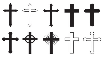 Fototapeta premium Christian cross icon set, 10 religious crucifix symbols in black and white, spiritual church vector elements for graphic design