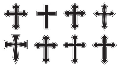 Fototapeta premium Gothic Christian cross icons set, 8 black religious crucifix vectors. Ornate church symbols for funeral and memorial design.