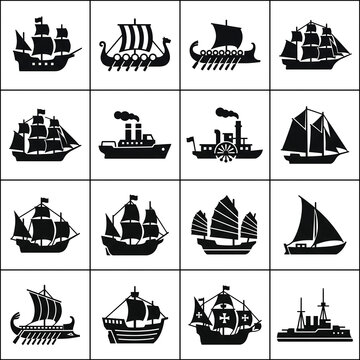 World Maritime Day historical maritime icon set with antique ship symbols on white