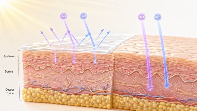Skin cross-section illustrating UV protection with sunlight, perfect for an educational background