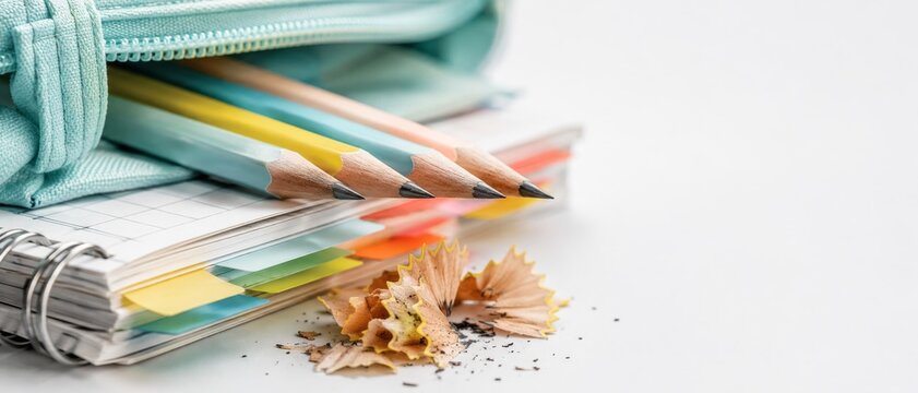 Back to school essentials including pencils, notebooks, and pencil sharpener shavings