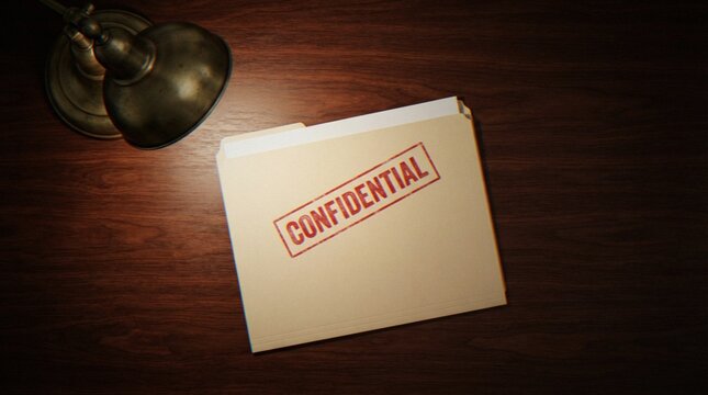 A manila folder labeled Confidential sitting on a dark wooden desk under the glow of a desk lamp.