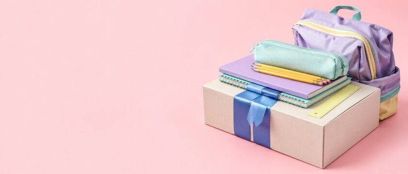 Back to school supplies arranged on a gift box with blue ribbon, pink background