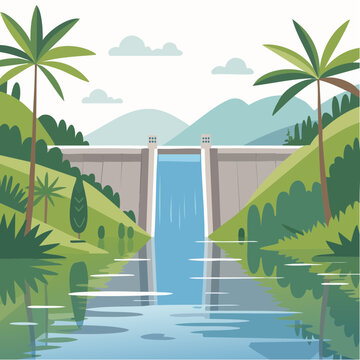 A vector illustration of a hydroelectric water dam in a lush tropical valley.