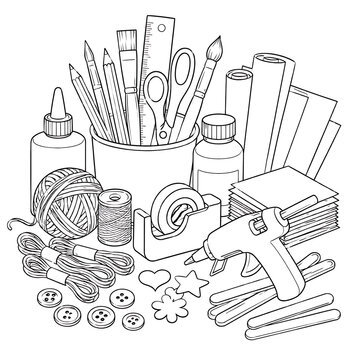 Craft supplies, craft tools, art supplies, creative materials, crafting equipment, DIY supplies, handmade crafts, stationery supplies, hobby tools, scissors, paintbrush, pencil, ruler, glue bottle, ya