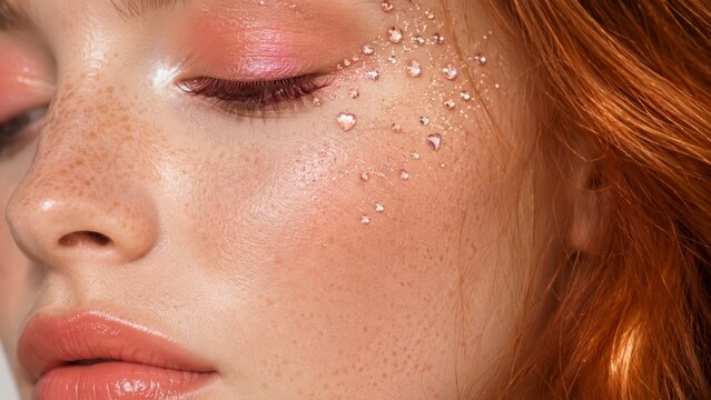 Closeup of a womans face with rhinestone decoration on cheek, crystalcore style