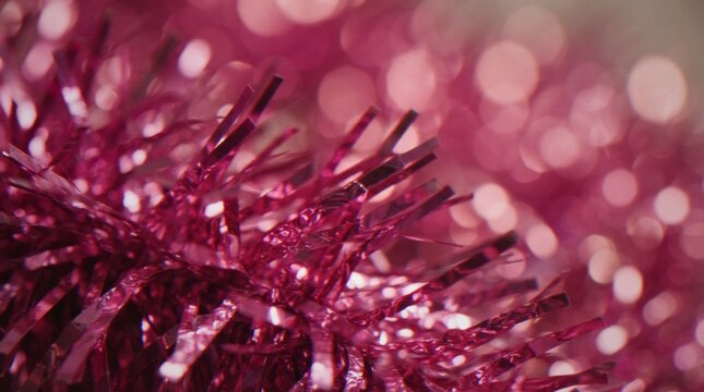 A close-up, macro shot of vibrant pink metallic tinsel with a beautiful shallow depth of field, creating a festive bokeh background.