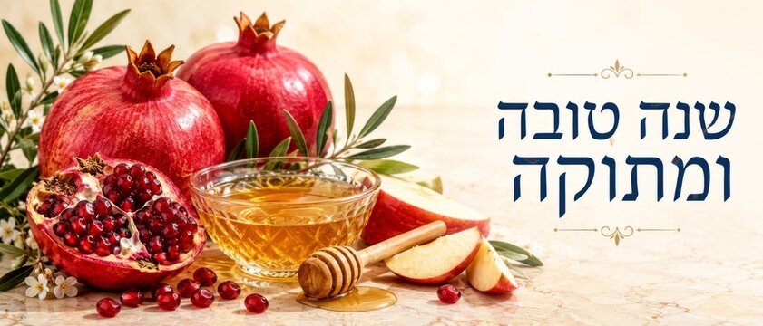 Rosh Hashanah celebration with pomegranates, honey, apples, and greeting text