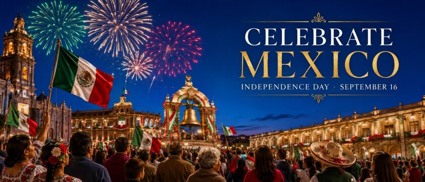 Mexico Independence Day celebration with fireworks over festive city square