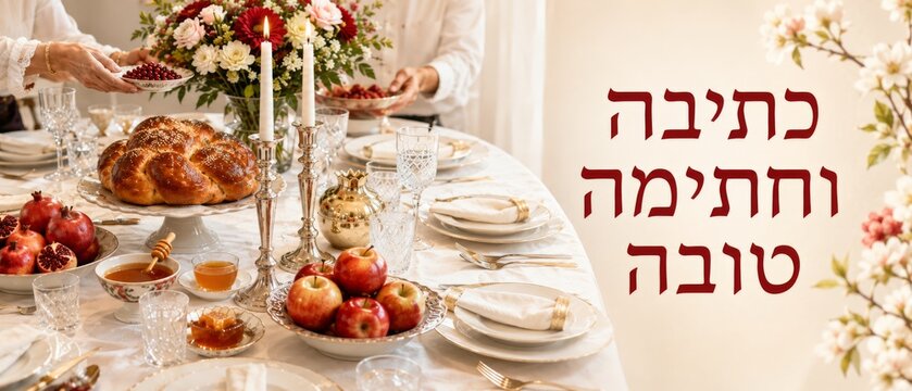 Rosh Hashanah table setting with apples and honey, Hebrew text on side, holiday concept