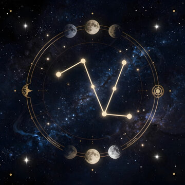 Celestial constellation with moon phases and starry background for astrological themes