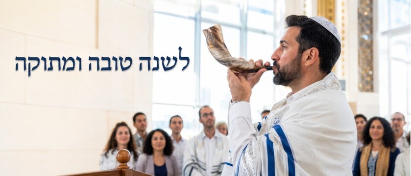 Rosh Hashanah celebration with man blowing shofar in synagogue, community gathering