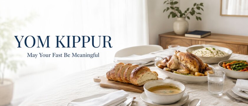 Yom Kippur meal with challah and dishes on a dining table, background