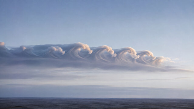 Kelvin Helmholtz Wave Clouds Showing Fluctus Cloud Formation and Atmospheric Shear Instability with Repeating Billows and Expansive Sky Copy Space
